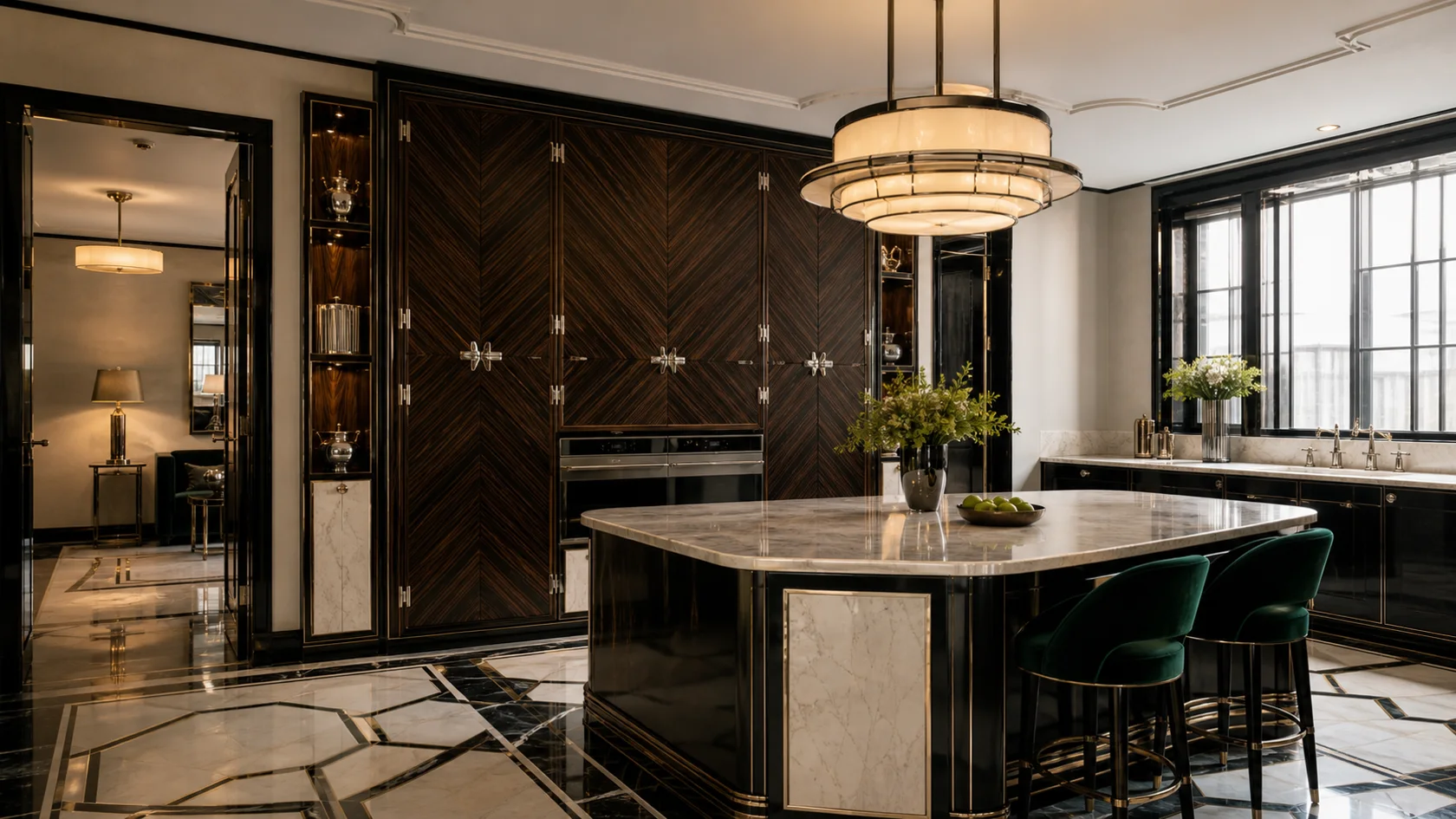 Bookmatched Cabinets Art Deco Kitchen