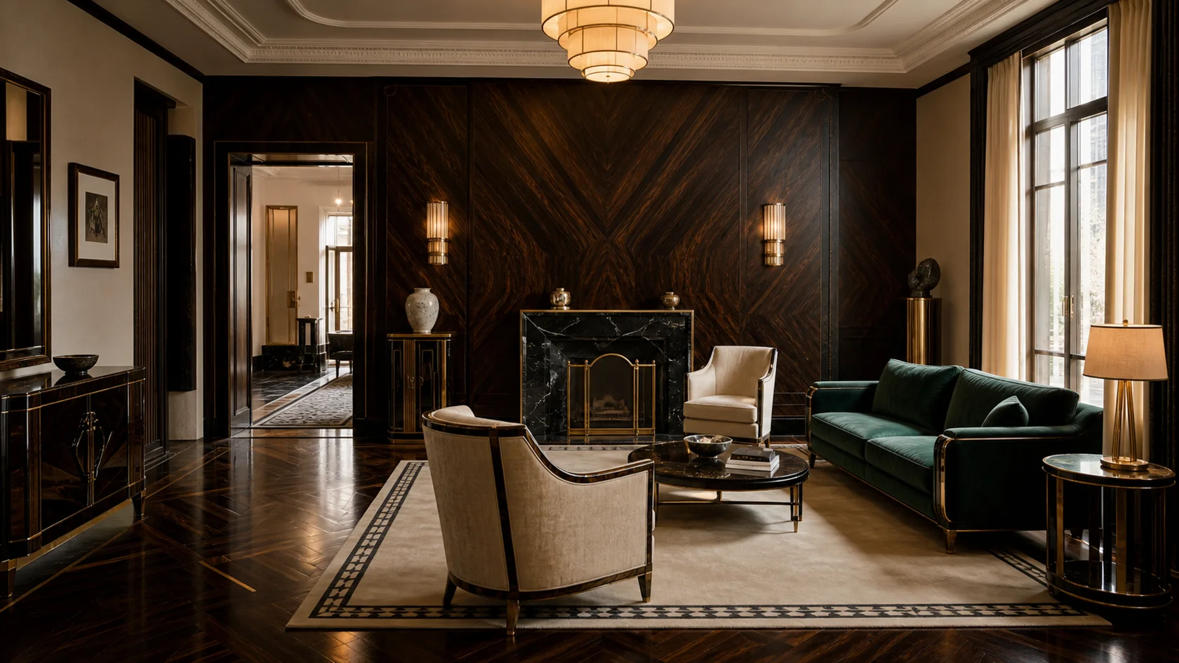 Bookmatched Salon Art Deco Living Room