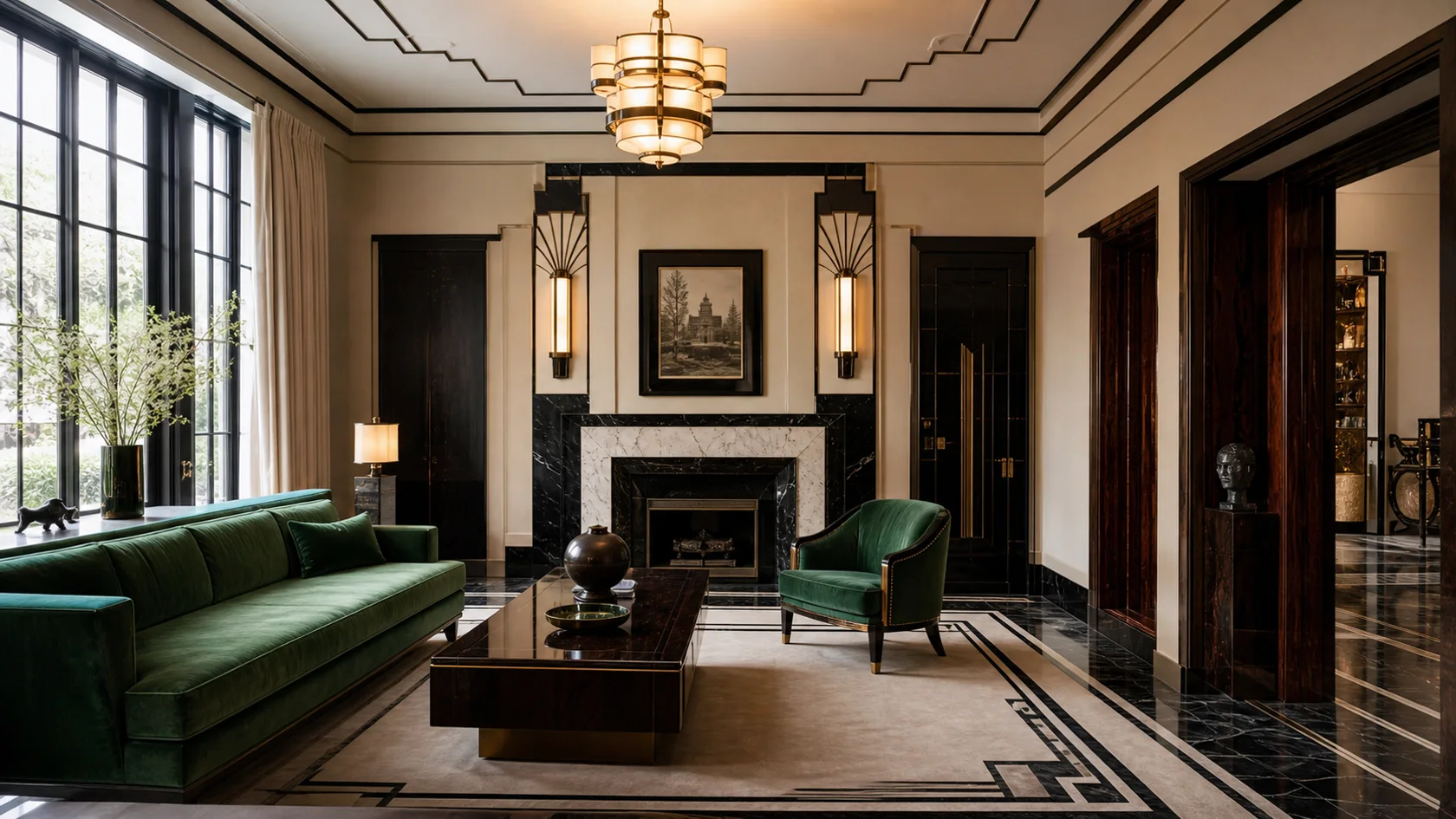 Emerald Geometry Art Deco Living Room