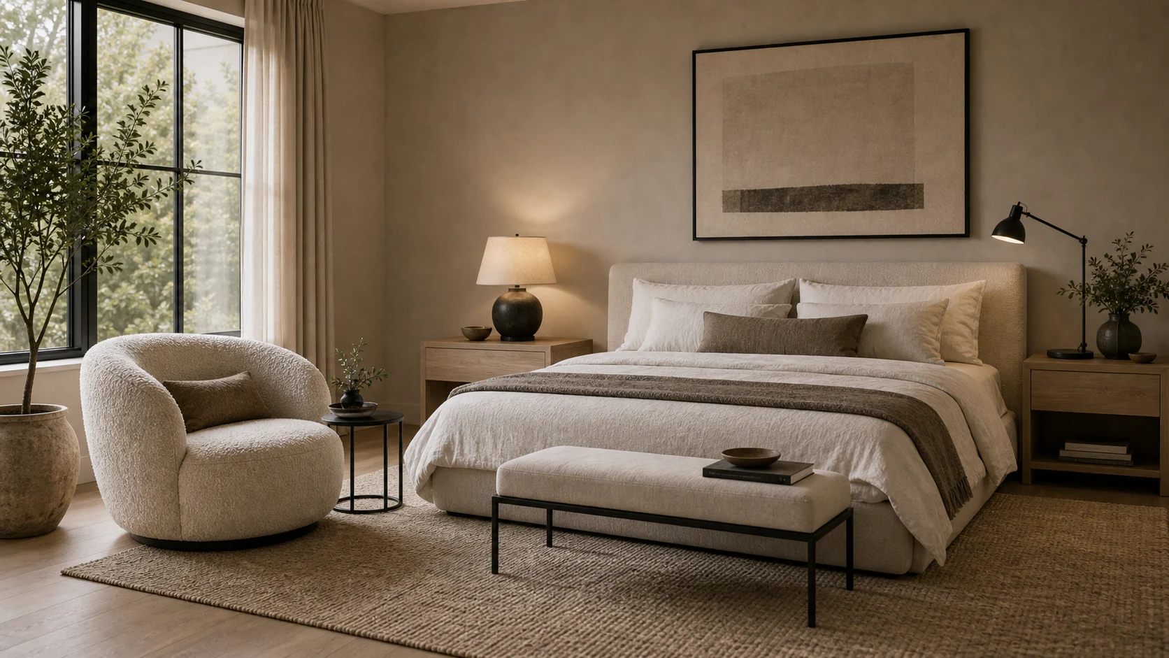Boucle and black detail in a contemporary bedroom
