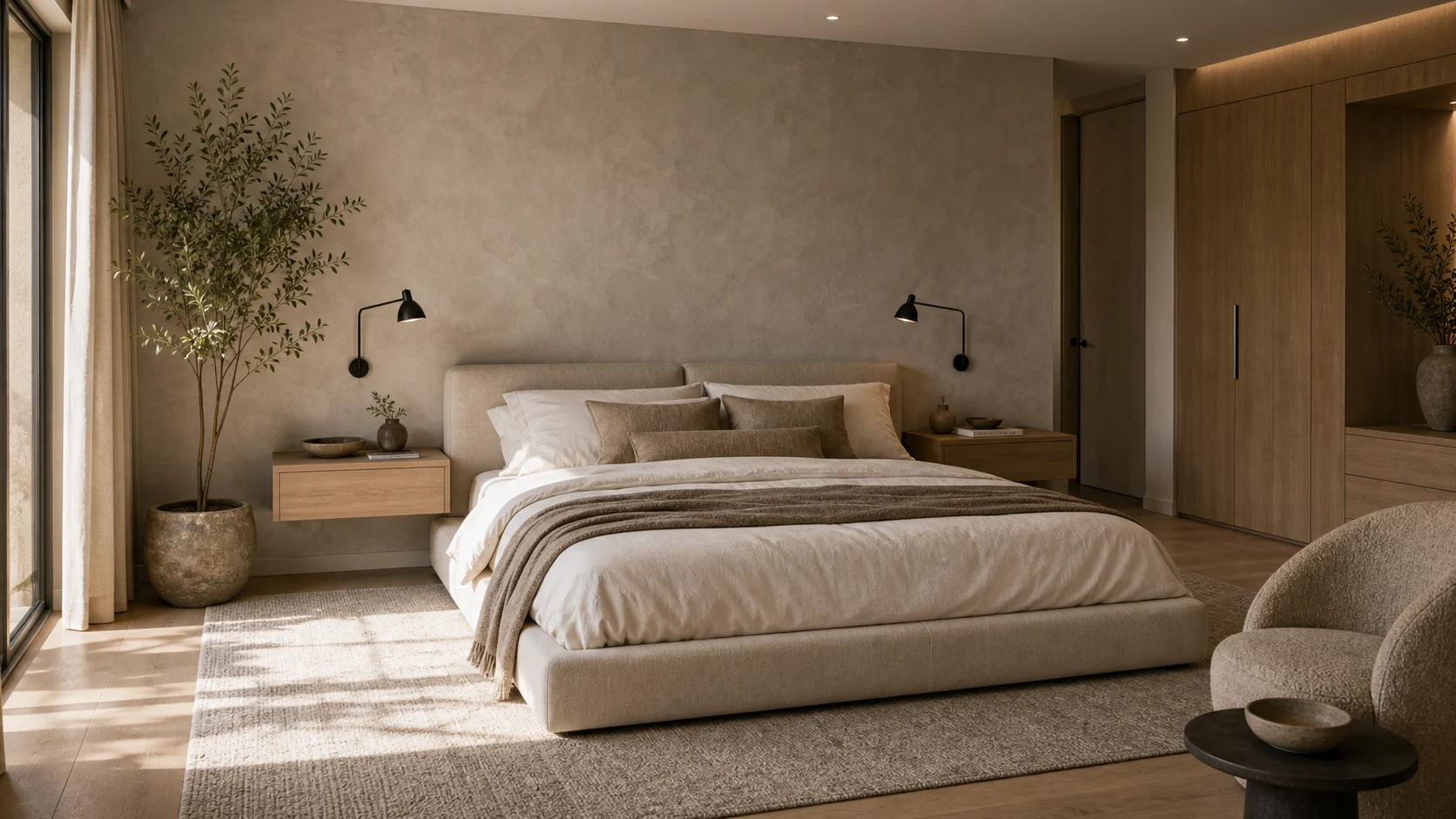 Warm gray plaster in a contemporary bedroom