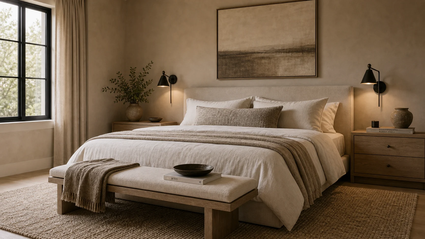 Contemporary bedroom with soft textured bedding