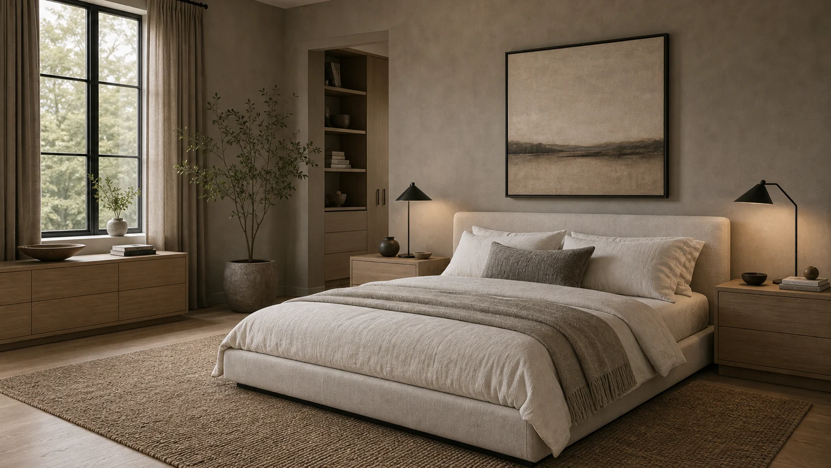 Contemporary bedroom with warm gray palette and clean bed