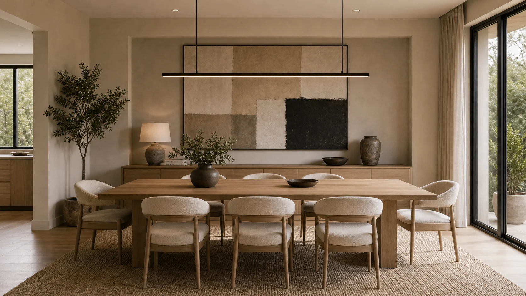 Abstract art wall in a contemporary dining room