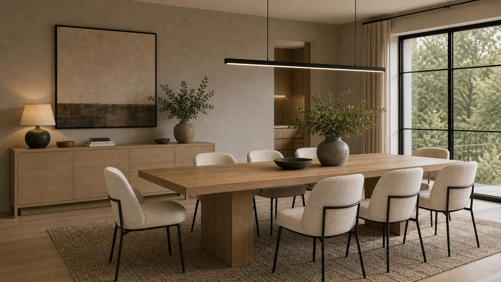 Contemporary dining room with clean furniture and linear lighting