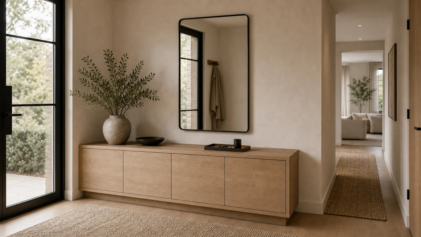 Contemporary entryway with low storage and warm neutral materials