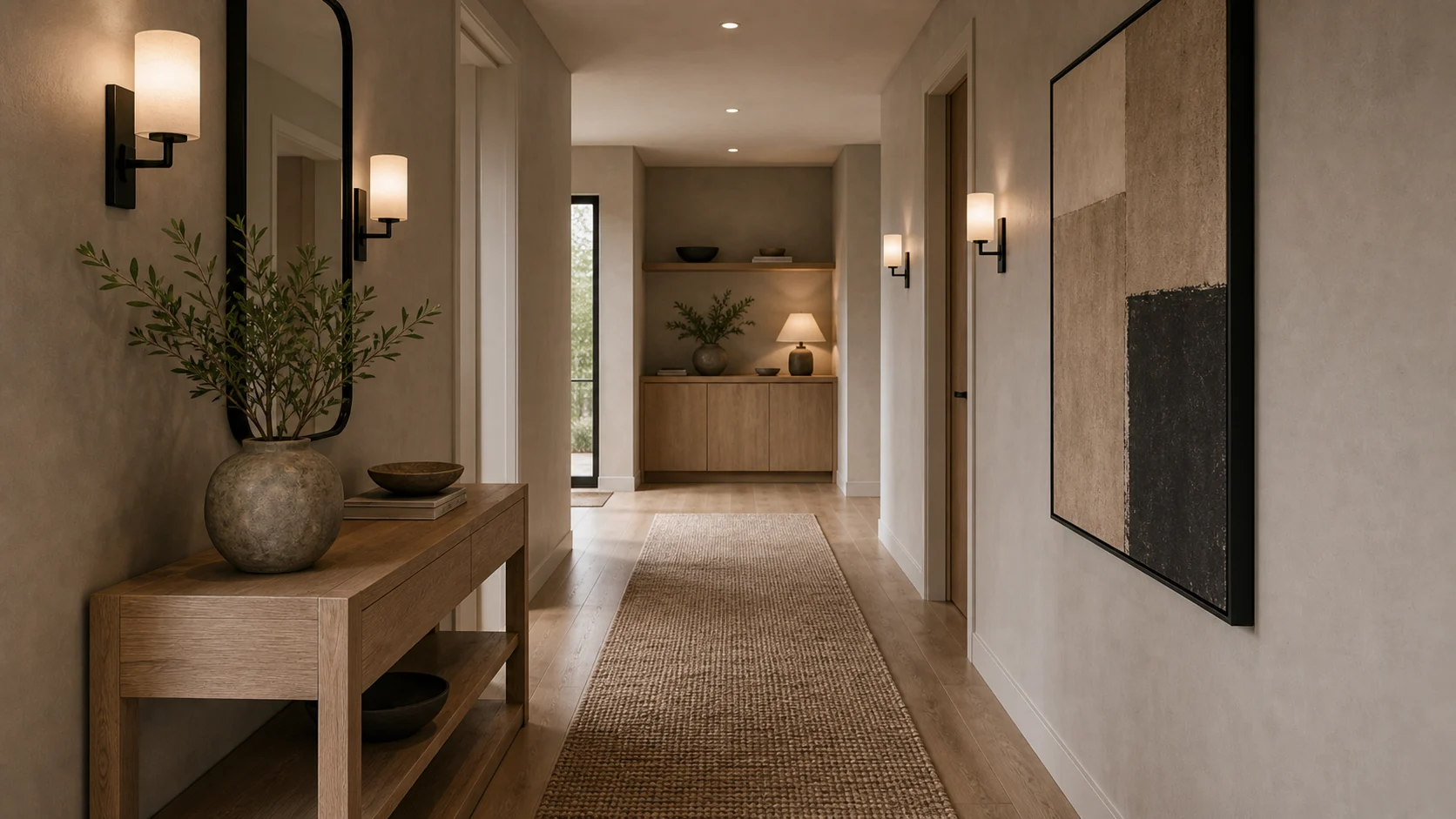 Contemporary hallway with warm neutral styling