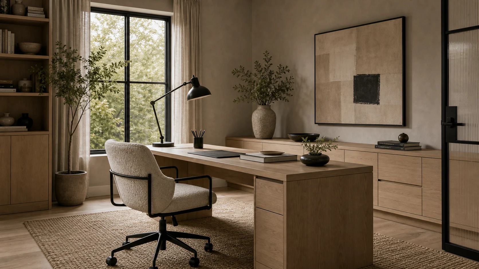 Black metal and boucle Contemporary Home Office