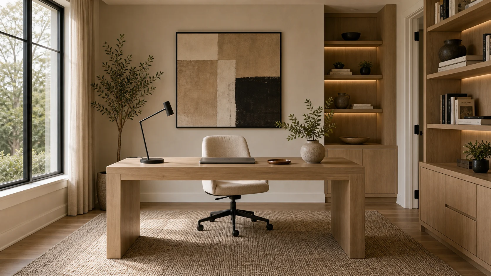 Contemporary home office with clean desk and storage