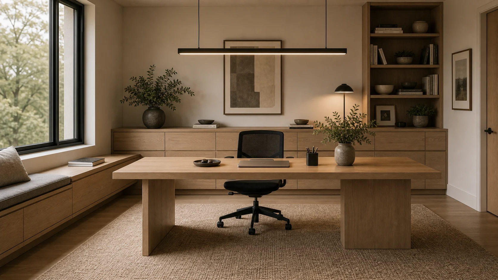Linear light over a contemporary home office desk
