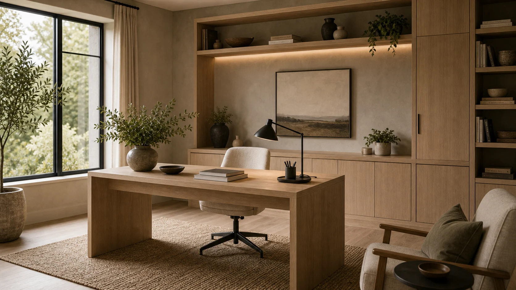 Pale oak furniture in a contemporary office