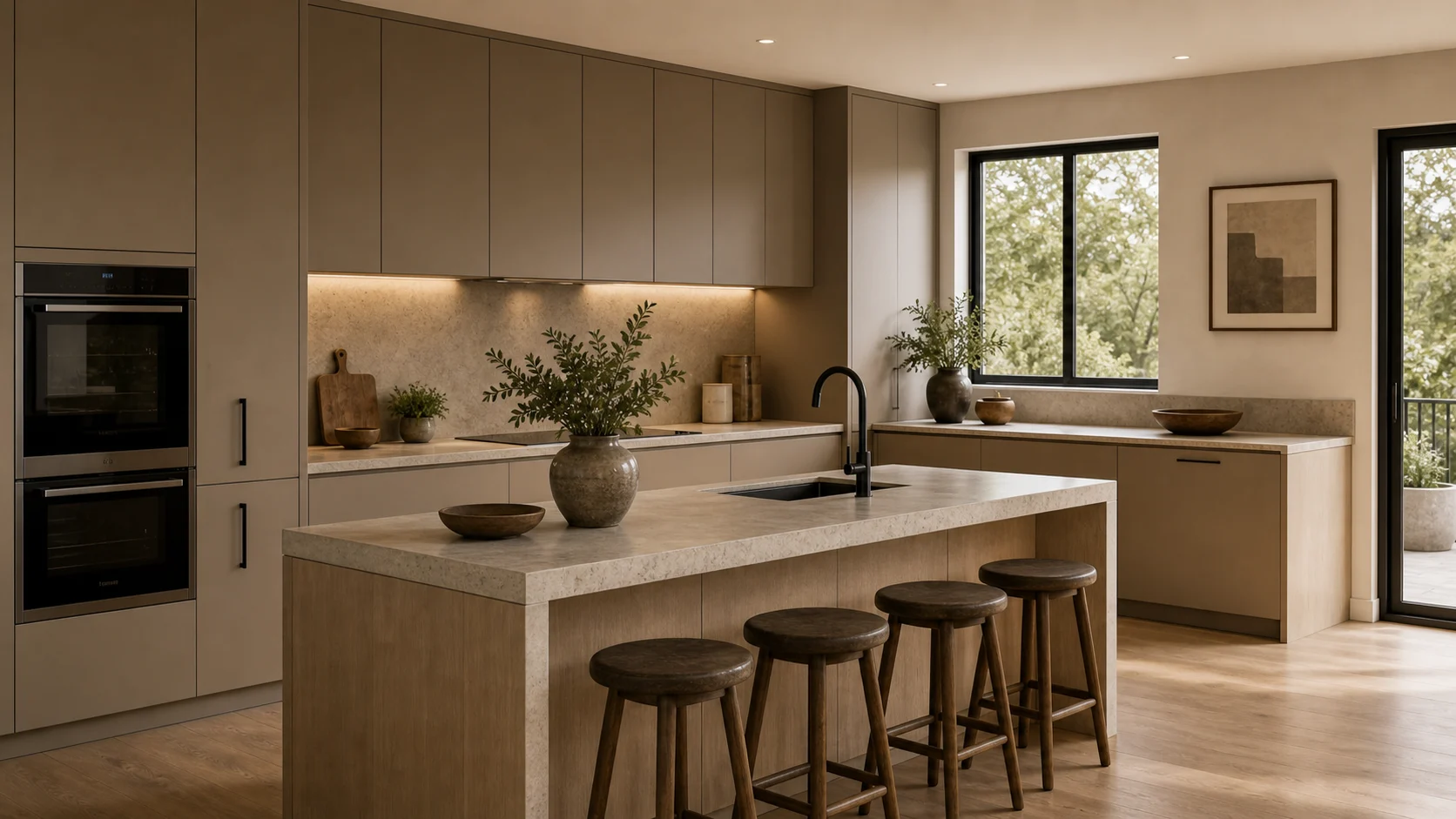 Contemporary kitchen with clean cabinets and warm finishes