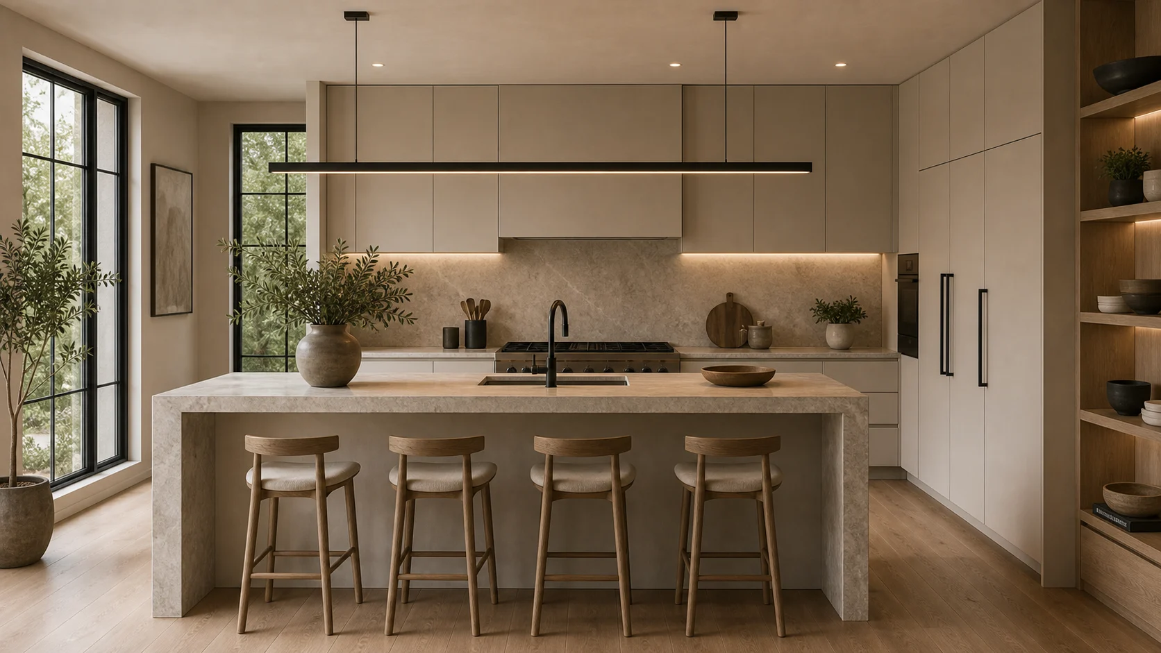 Contemporary kitchen with stone and linear lighting