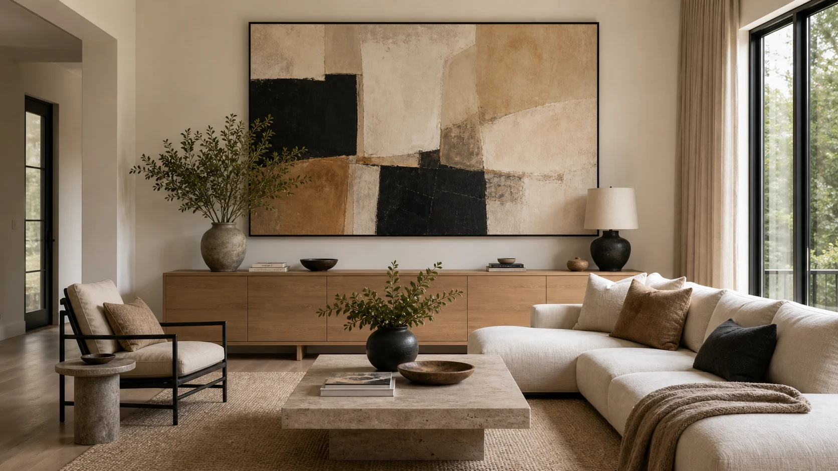 Large abstract art in a contemporary living room