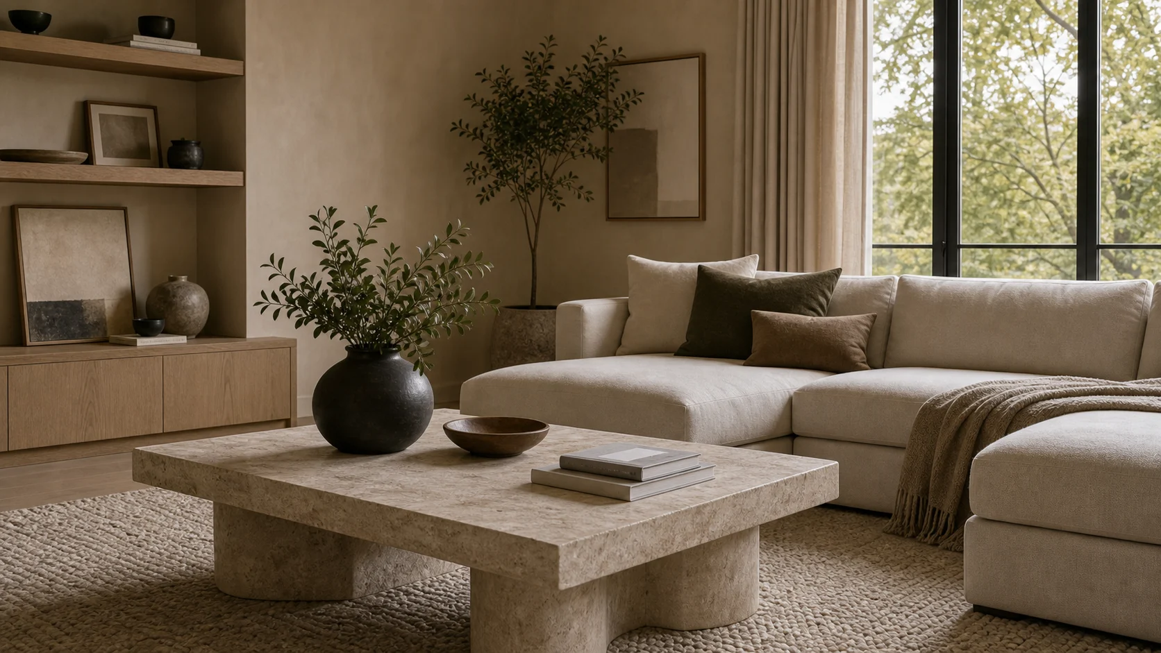 Stone coffee table in contemporary living room