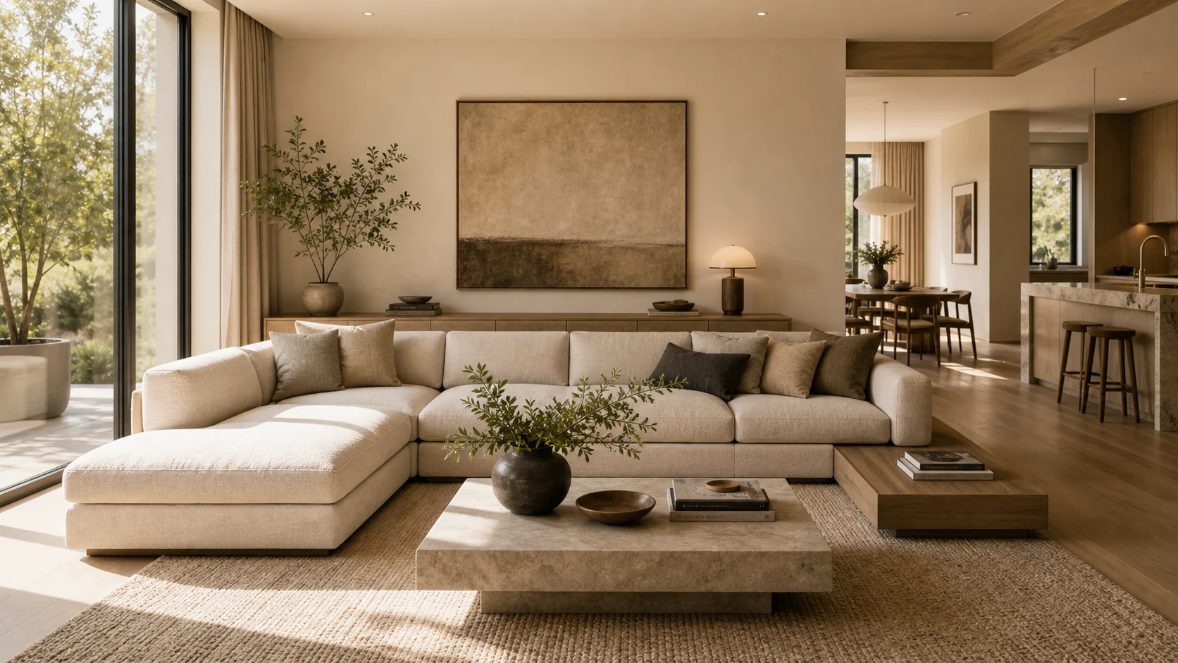Contemporary living room with modular sofa and warm neutral palette