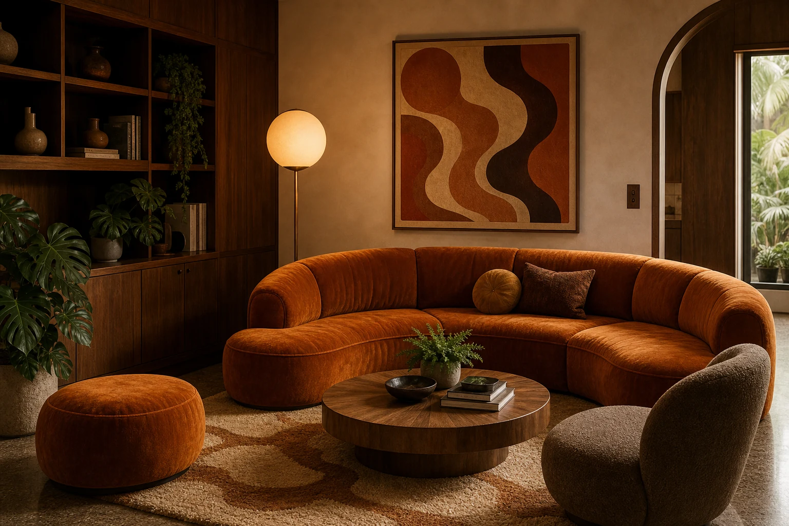 70s inspired orange curved living room