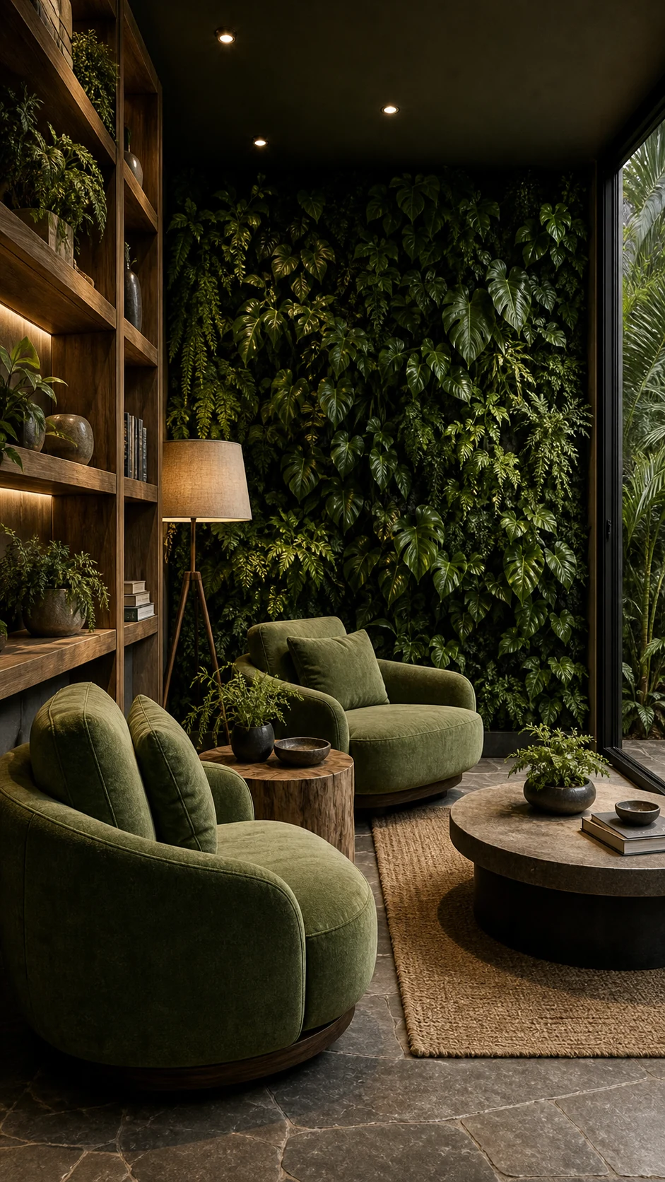 Biophilic sitting room with green wall