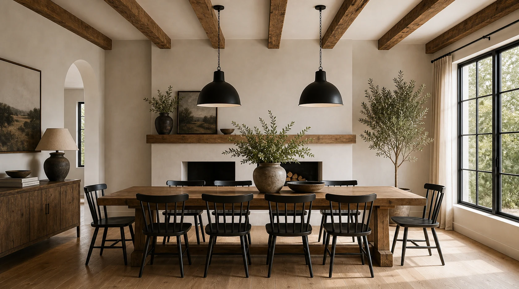 Warm dining room with wood beams