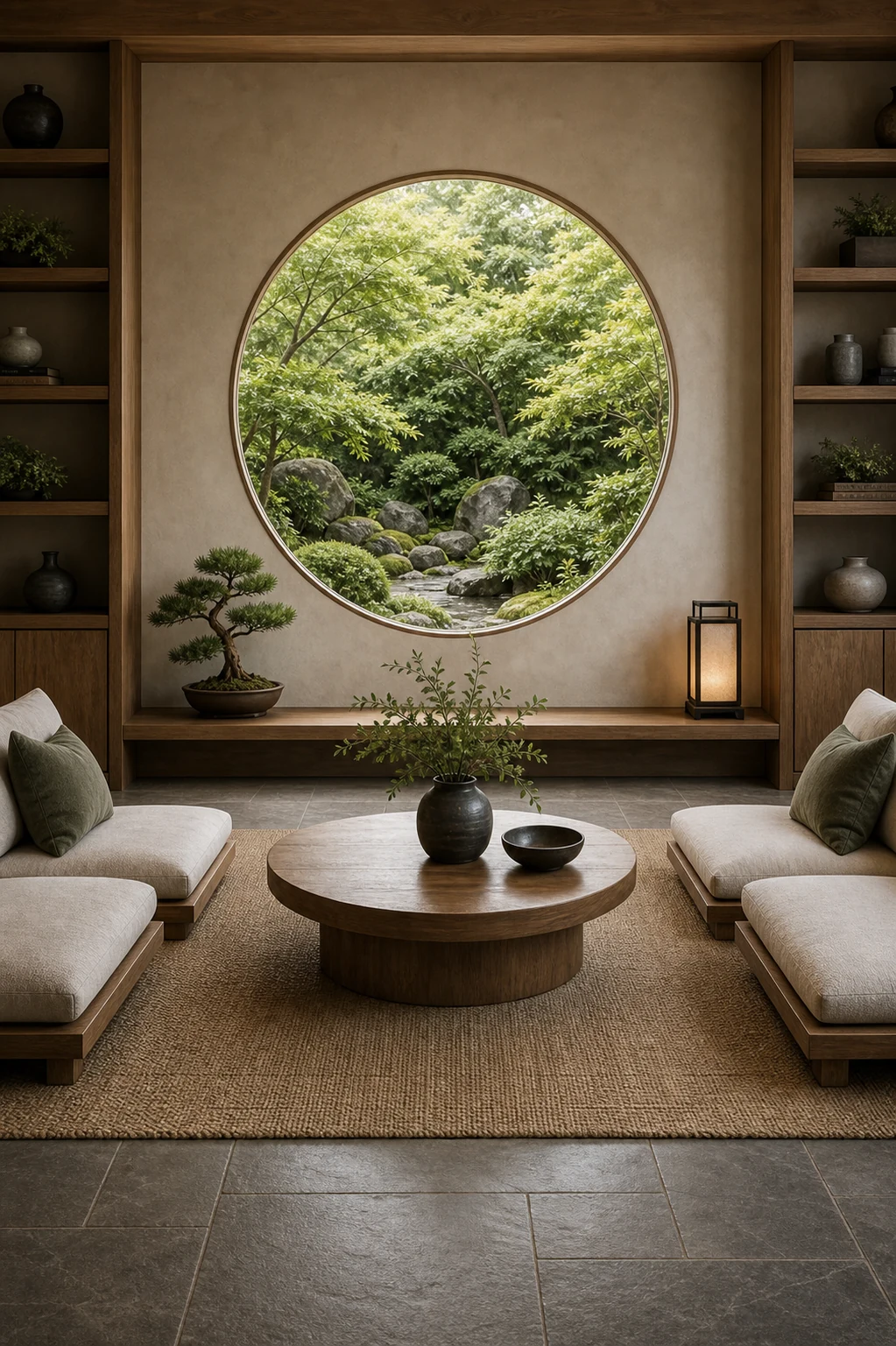 Feng shui room with circular garden view