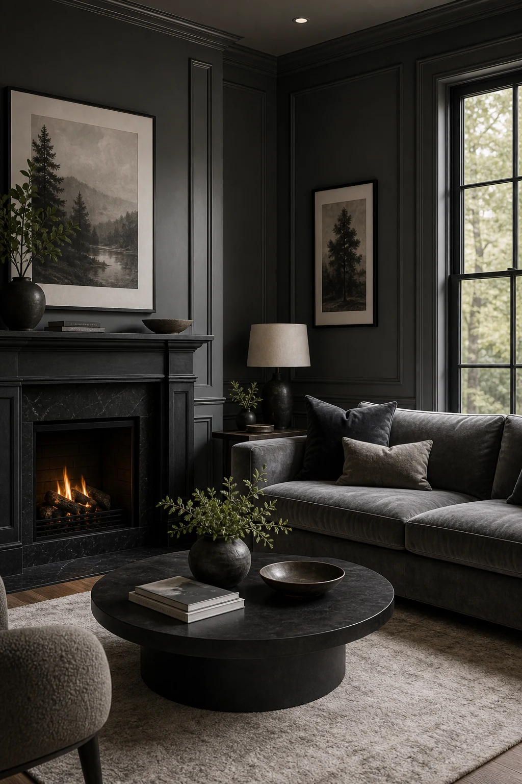 Dark gray painted lounge interior