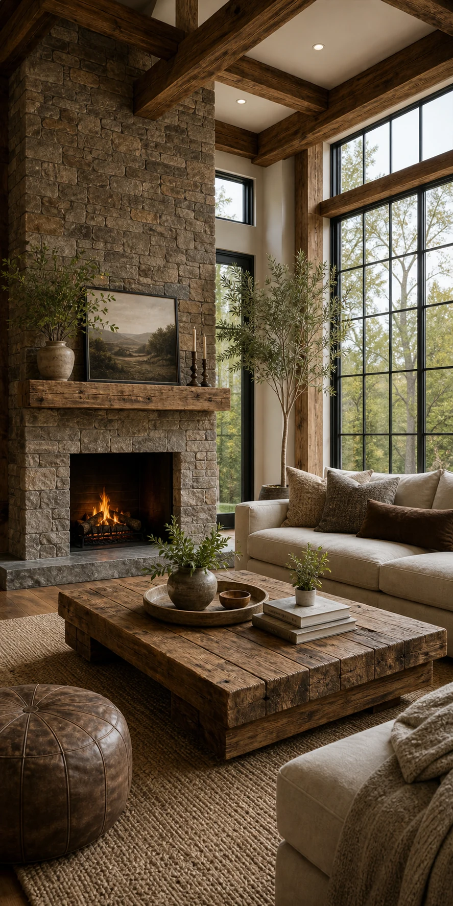 Modern rustic living room with stone fireplace