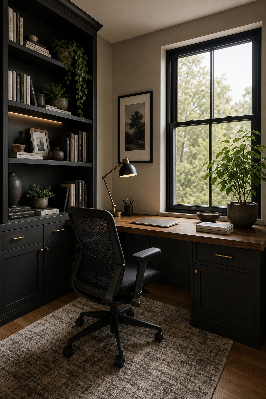Small office interior with built-in shelves