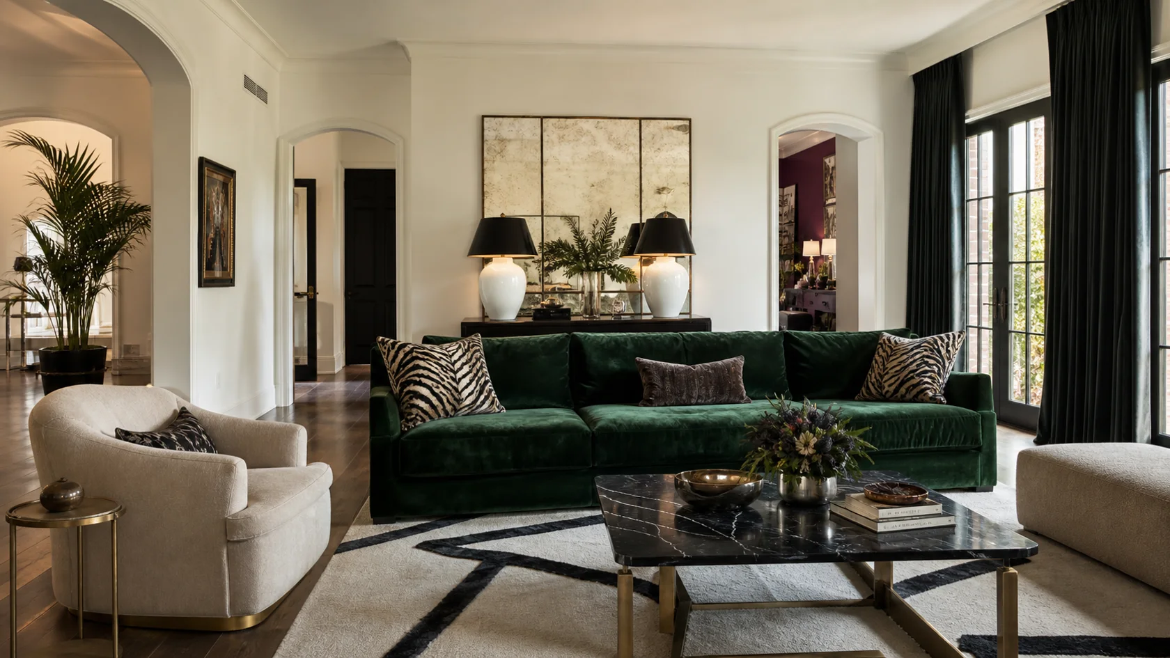Emerald Velvet Hollywood Regency Living Room