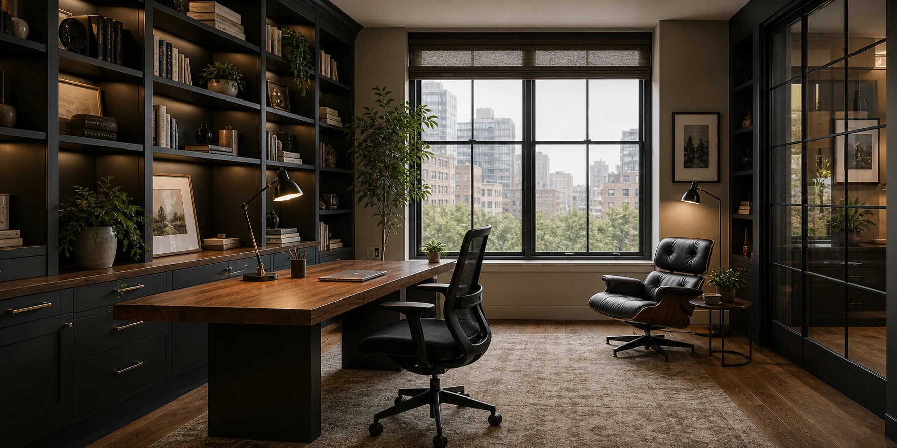Home office interior with dark built-in shelves