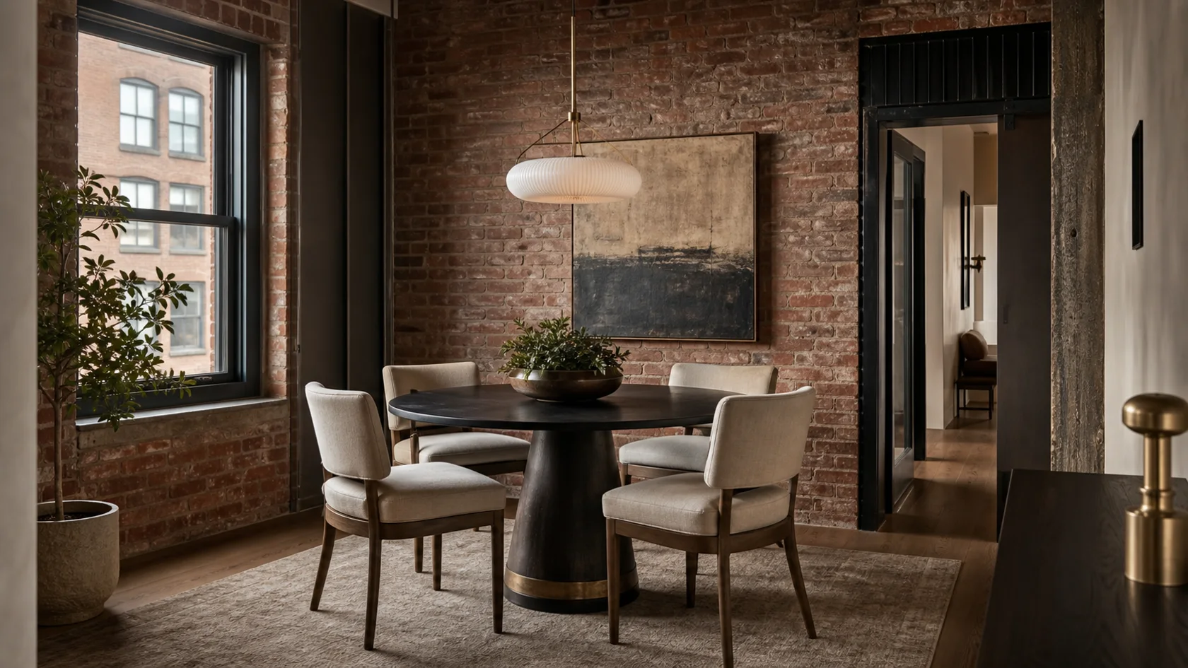 Compact Brick Industrial Chic Dining Room