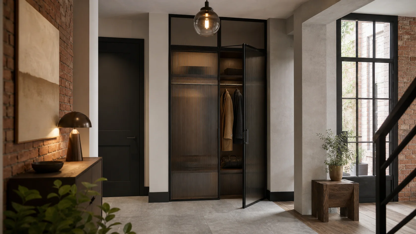 Fluted Glass Industrial Chic Entryway & Hallway