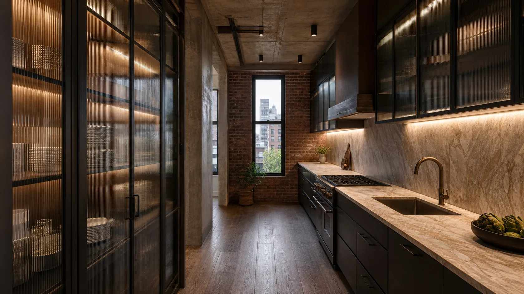 Ribbed Glass Galley Industrial Chic Kitchen