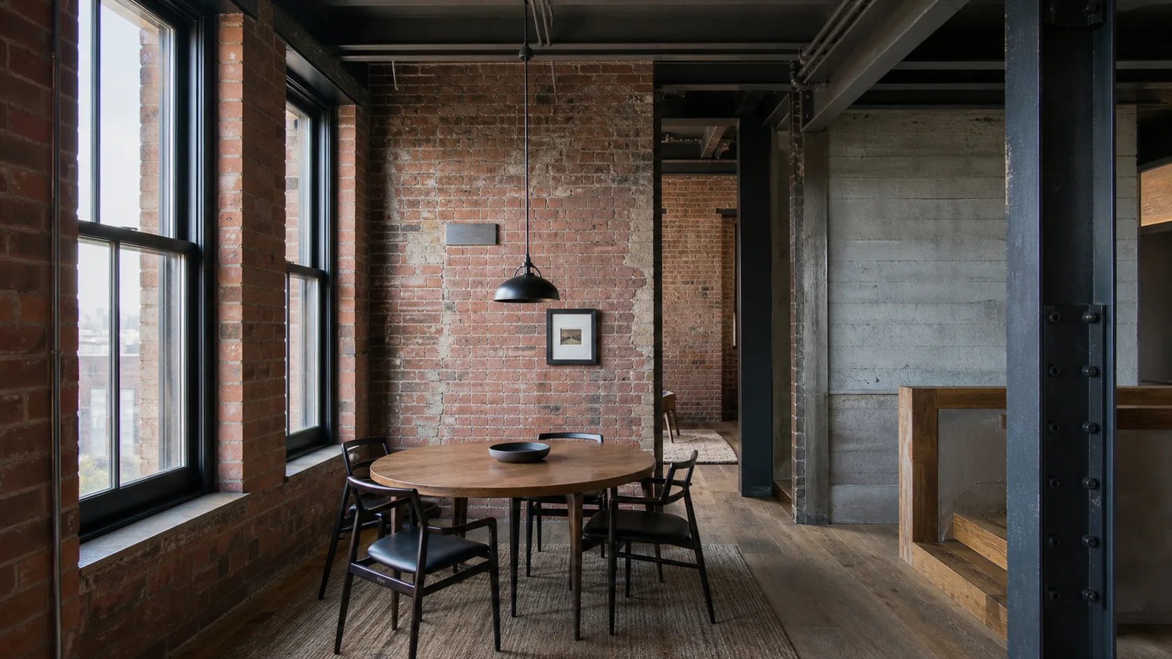 Compact Brick Industrial Dining Room