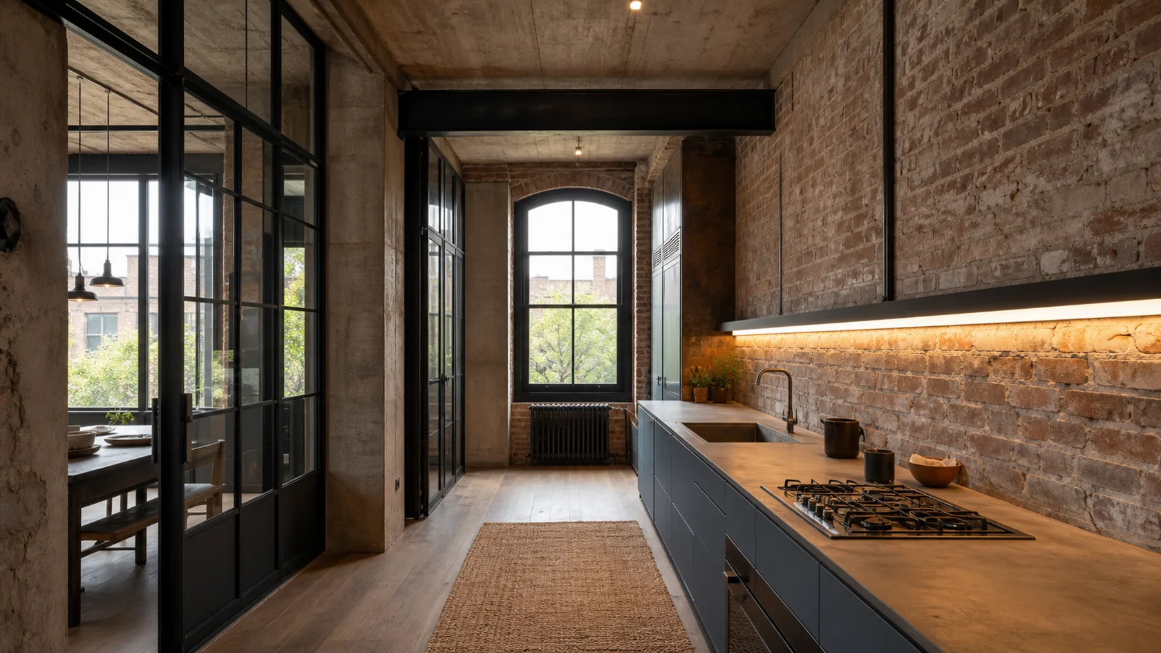 Brick Galley Industrial Kitchen