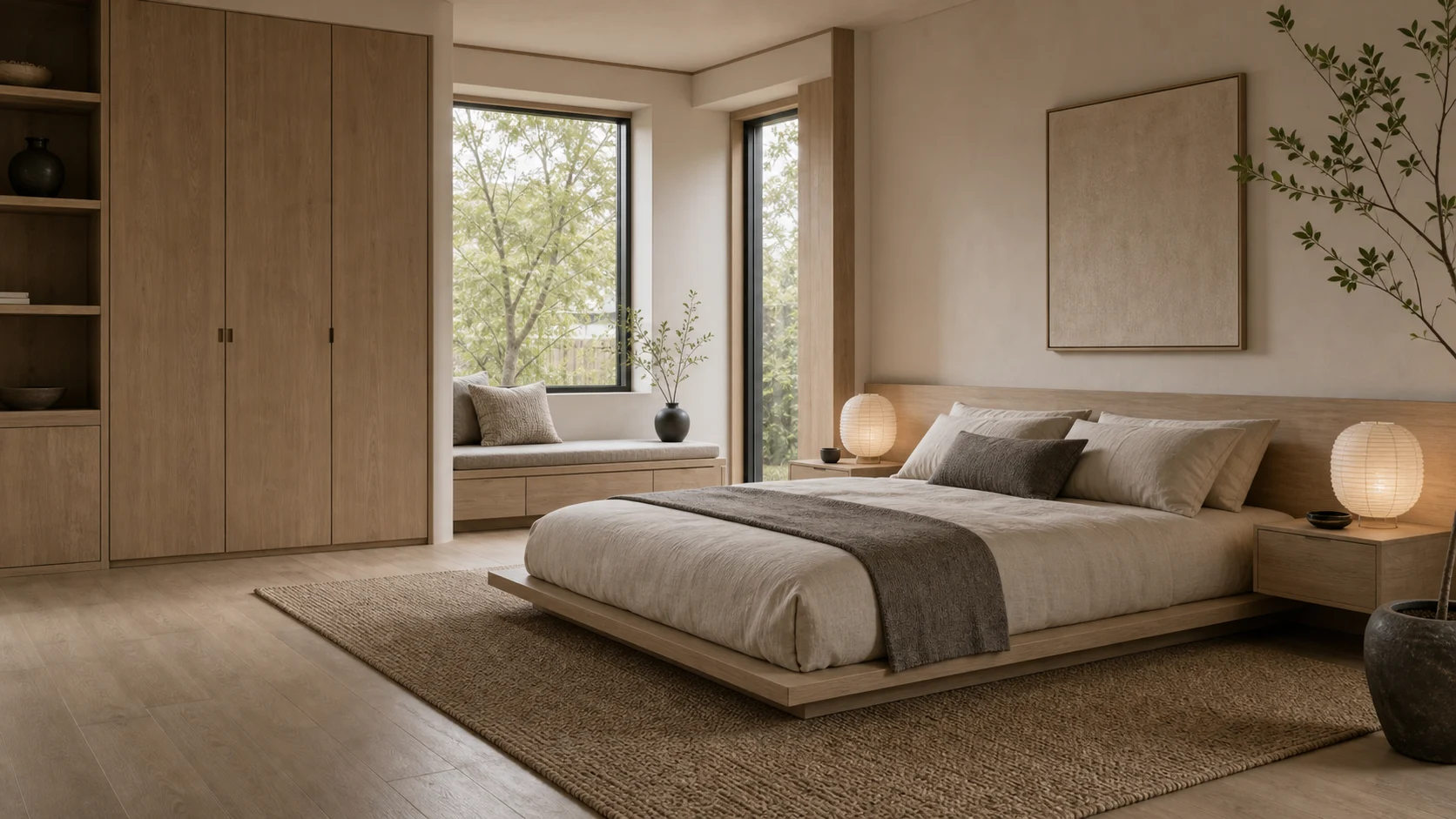 Calm Japandi bedroom with open floor space