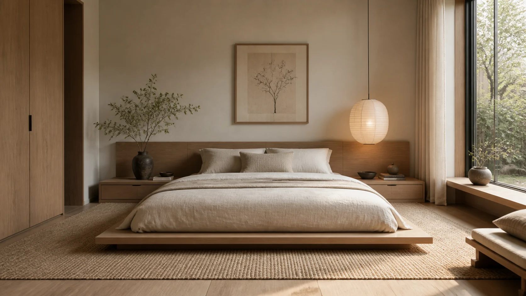 Japandi bedroom with low platform bed and warm neutral bedding