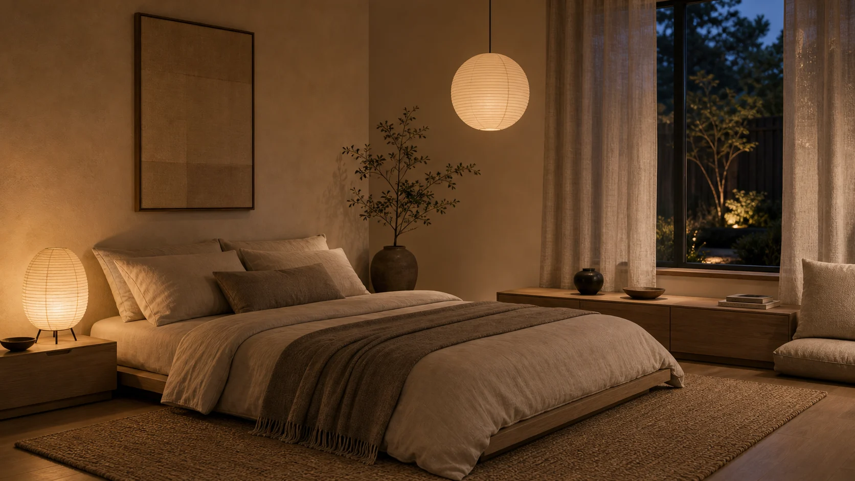 Soft paper light in a Japandi bedroom
