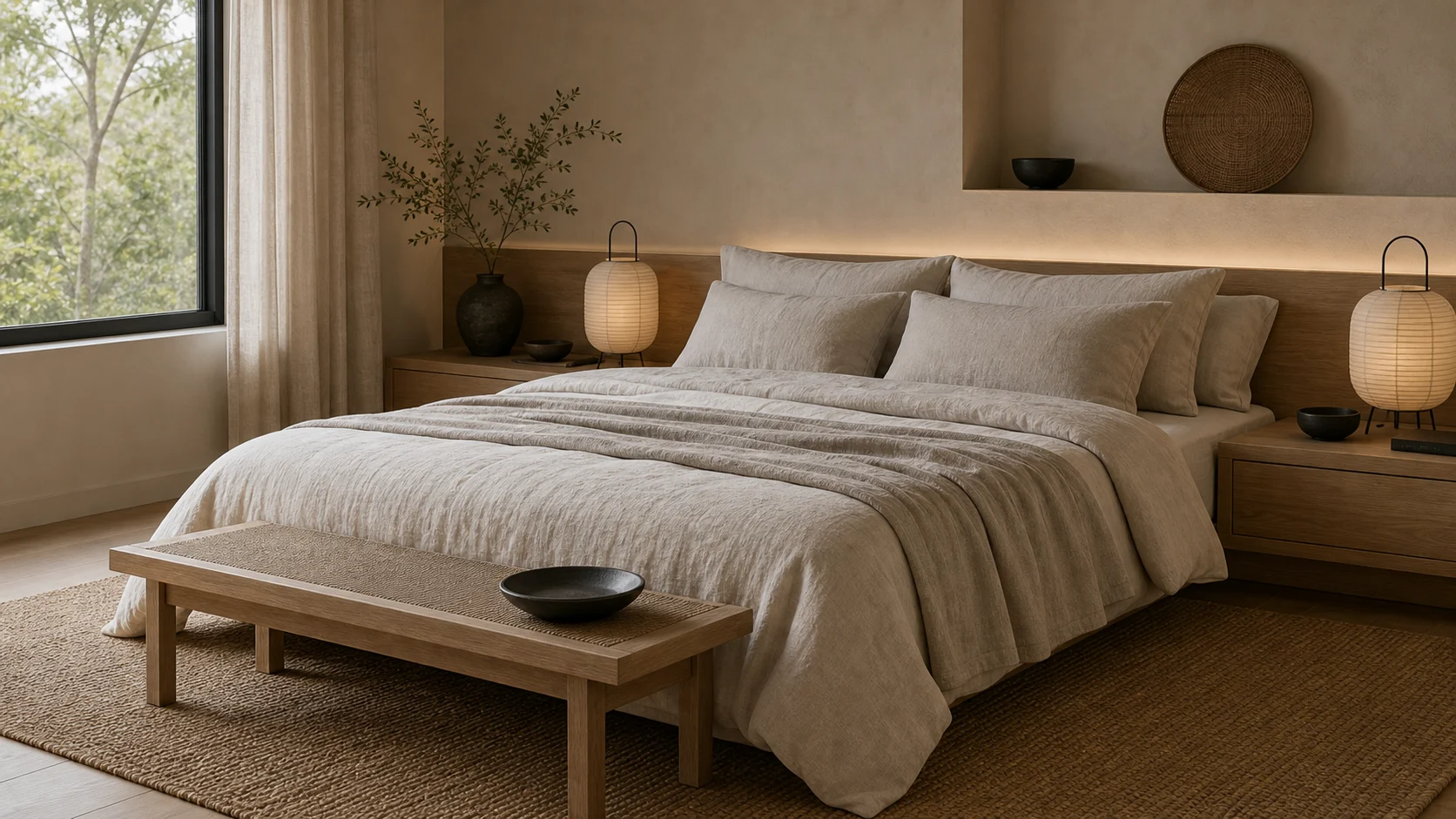 Warm linen bedding in a Japandi bedroom