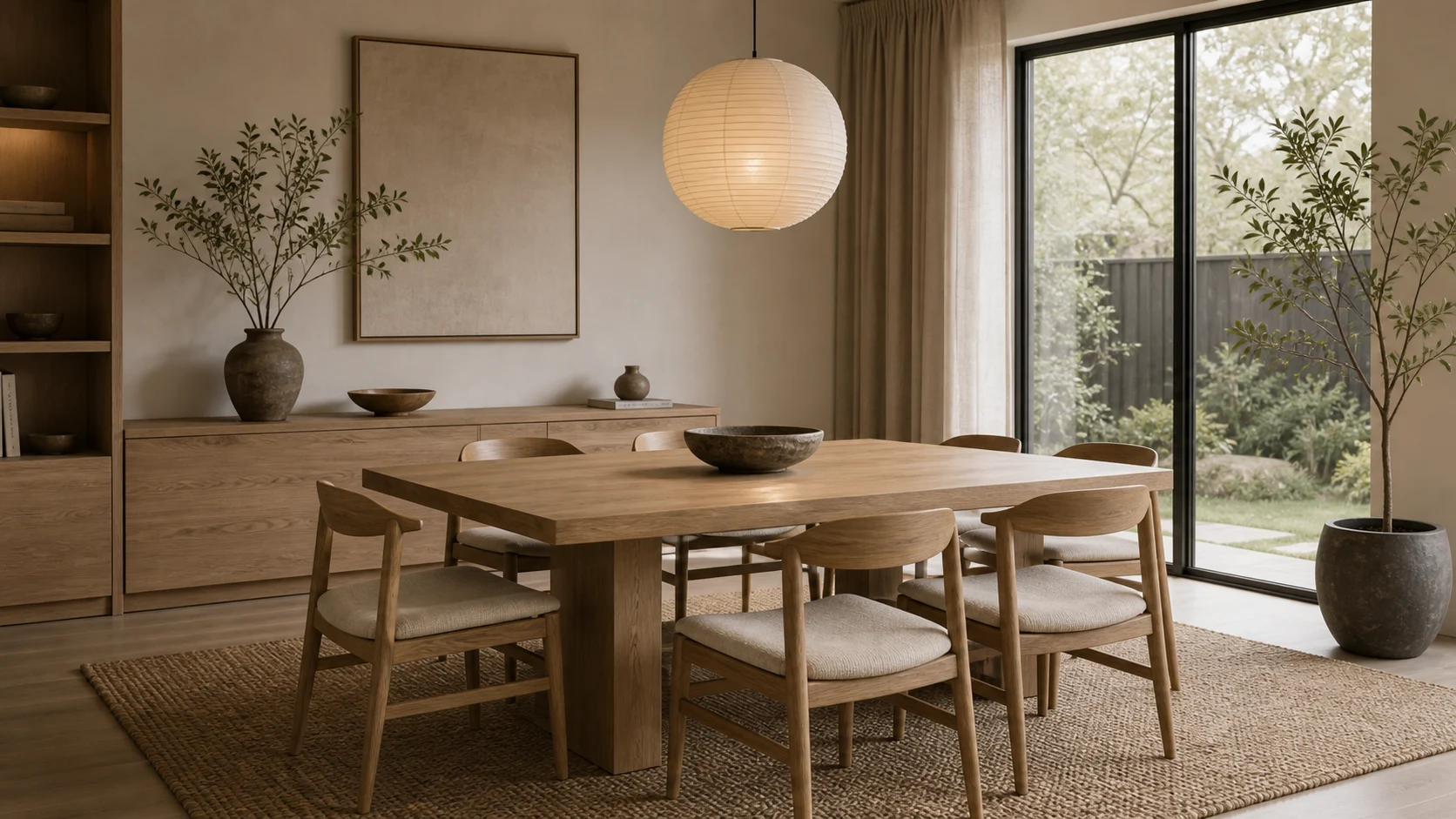 Japandi dining room with pale wood table and calm styling