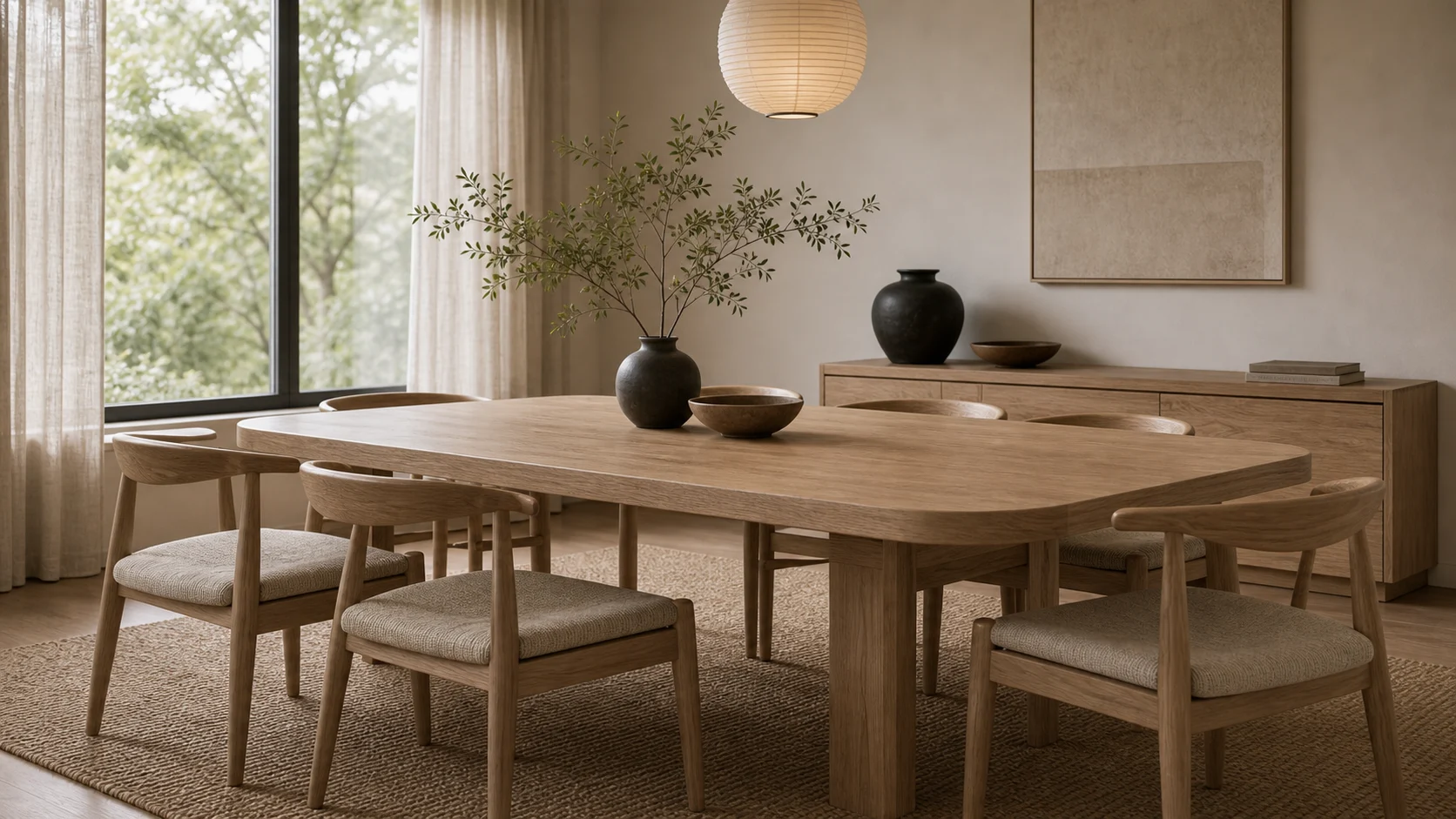 Low oak table for Japandi dining room