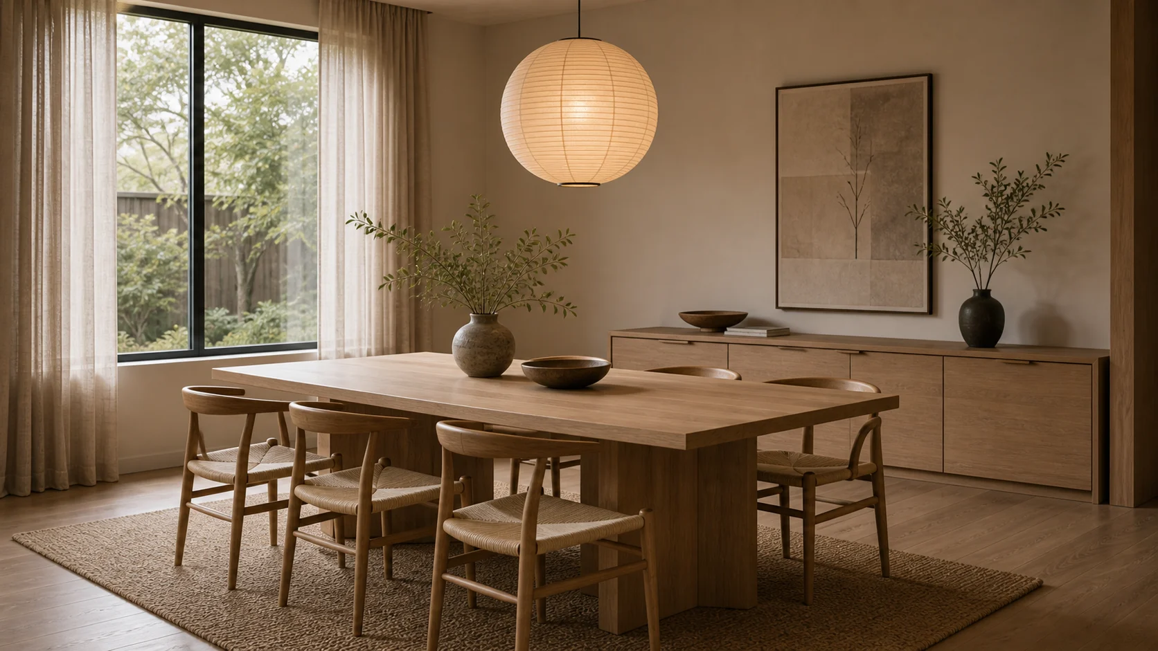Paper pendant over Japandi dining table