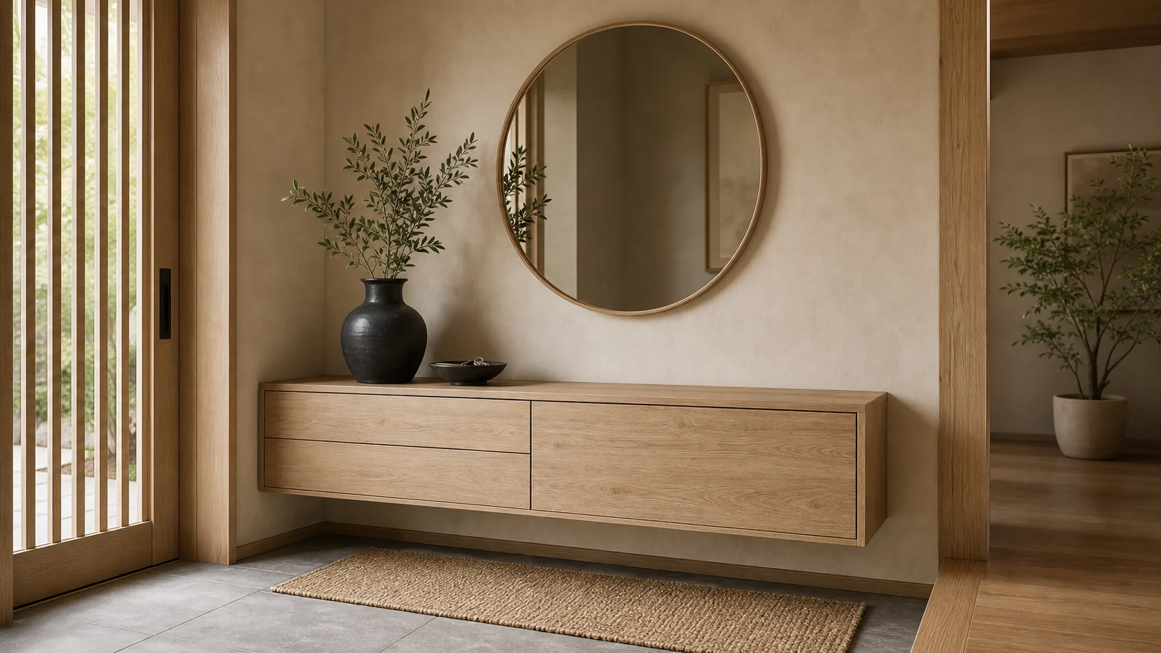 Black ceramic accent for Japandi entryway styling