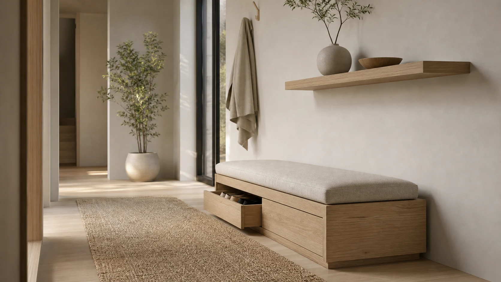 Low storage bench in a Japandi entryway