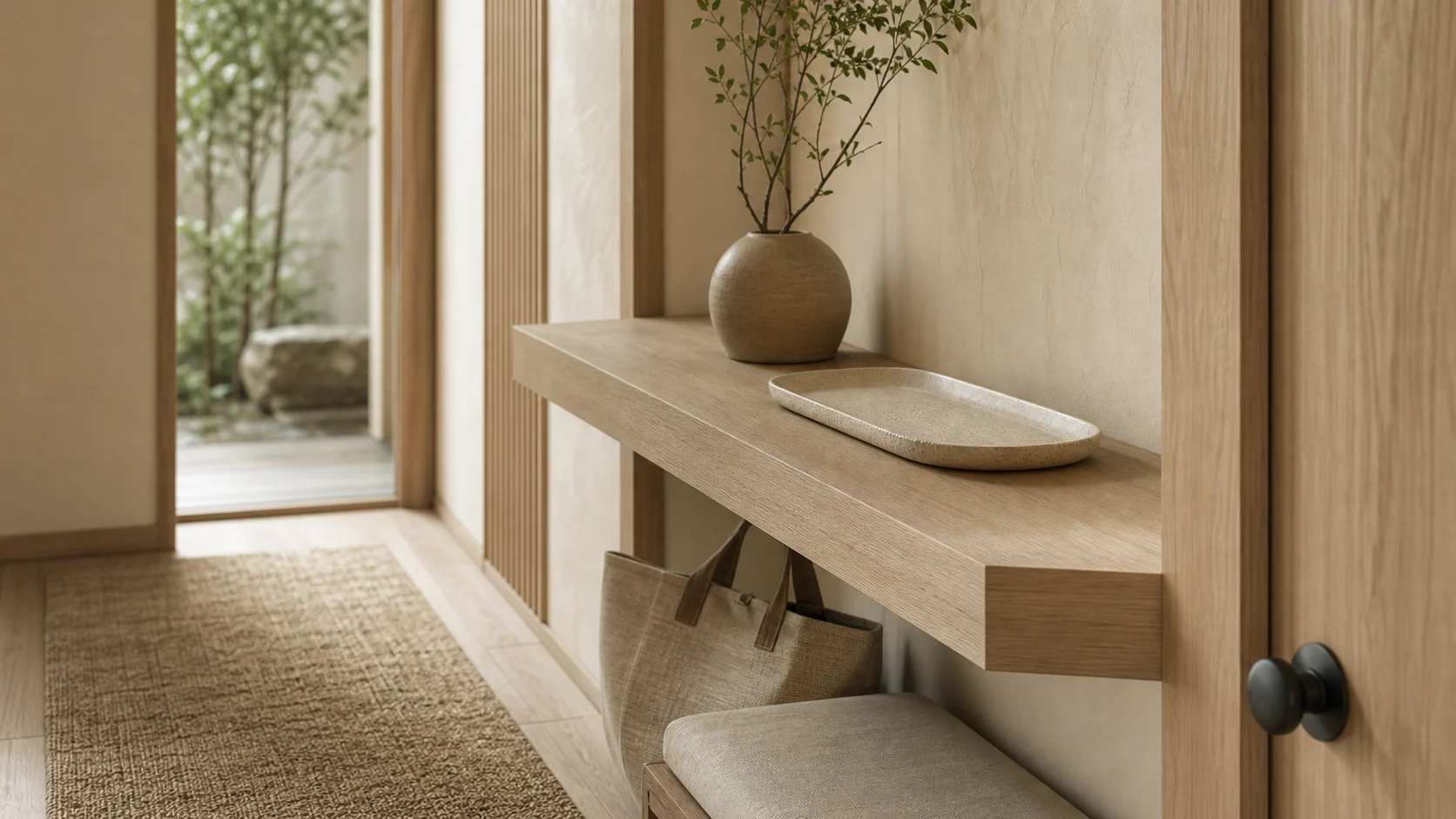 Pale oak detail for Japandi entryway