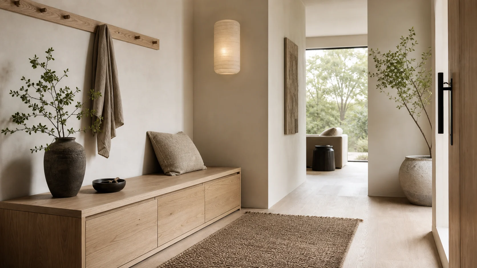 Japandi entryway with storage bench and pale wood