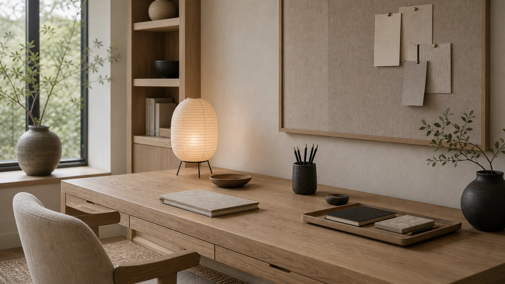 Pale oak detail for Japandi office