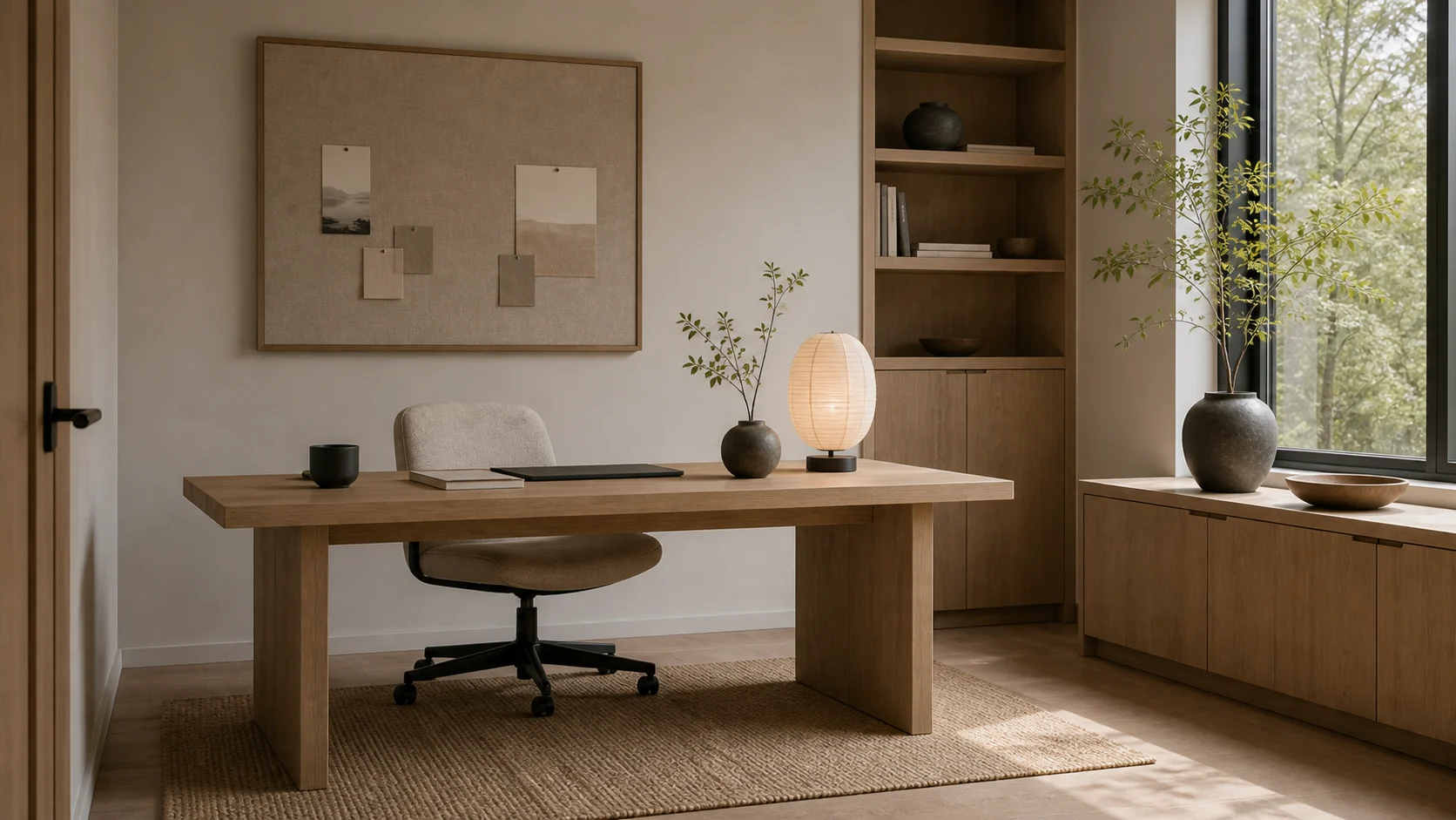 Japandi home office with pale wood desk