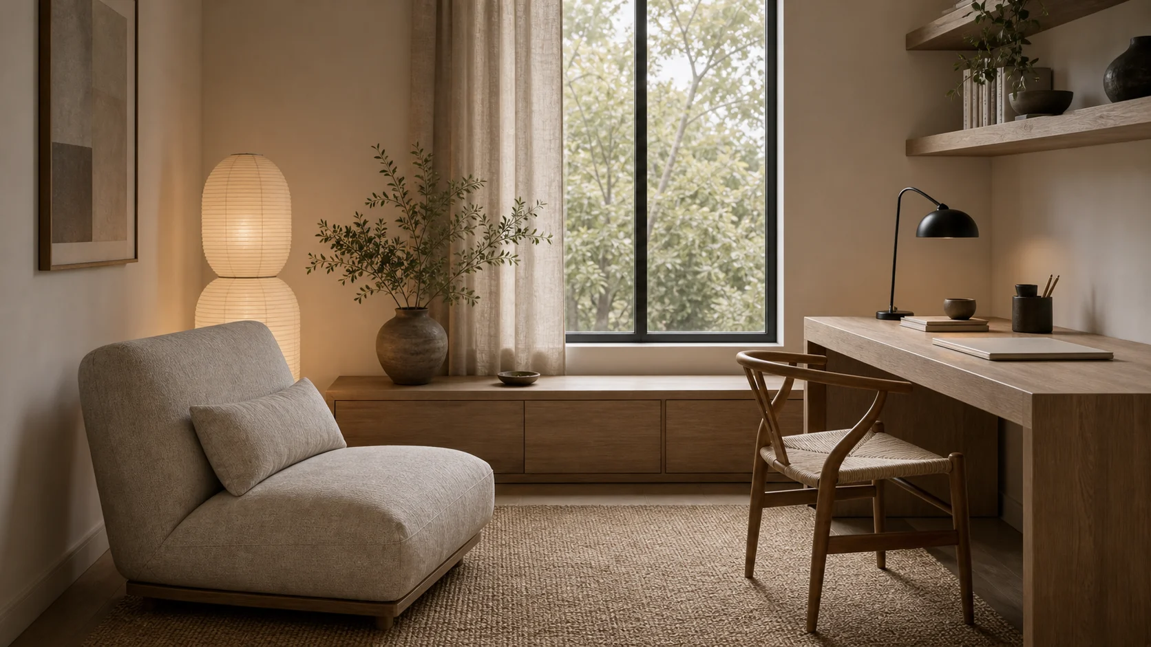 Japandi reading and work corner