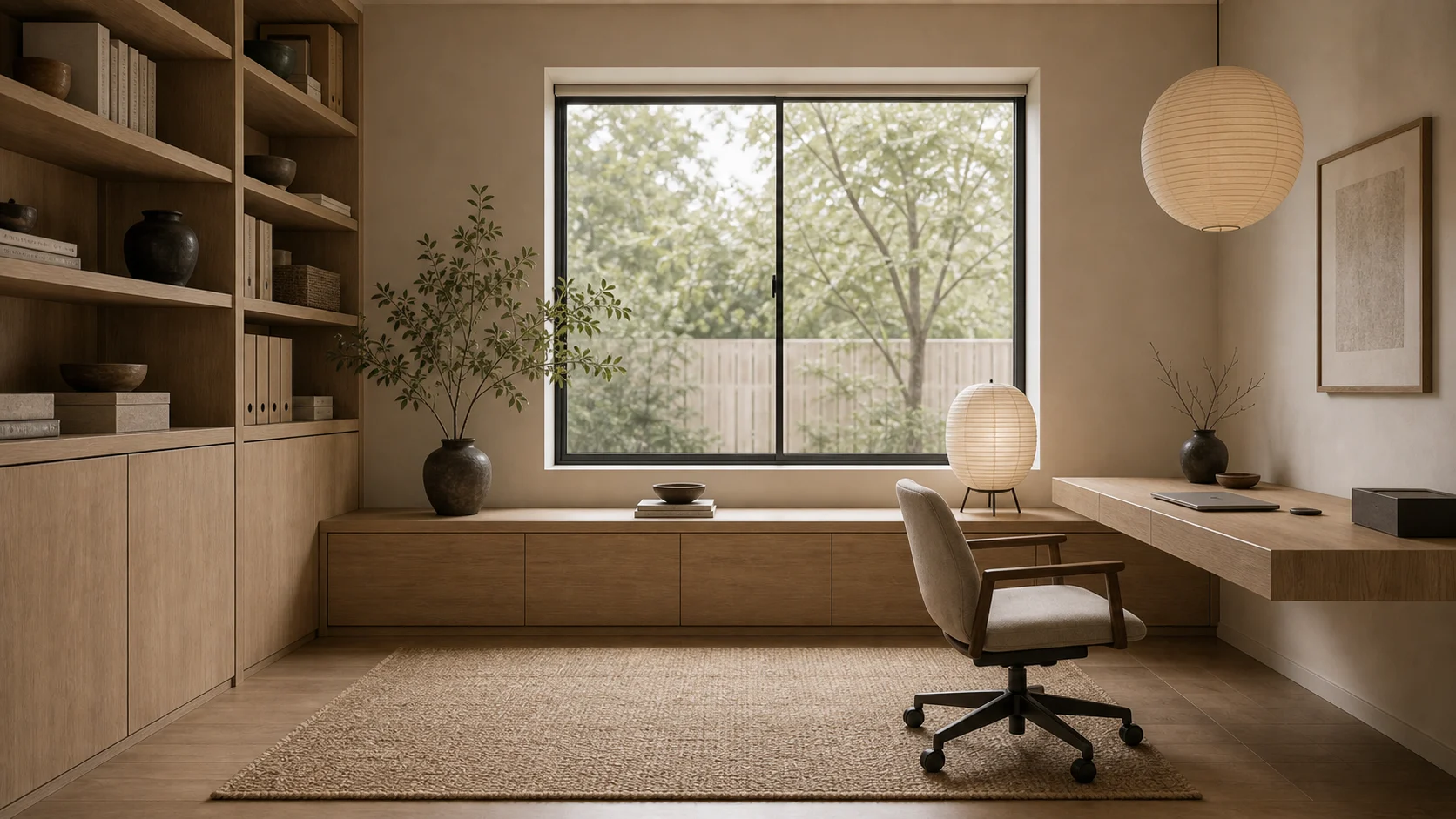 Japandi home office with closed storage