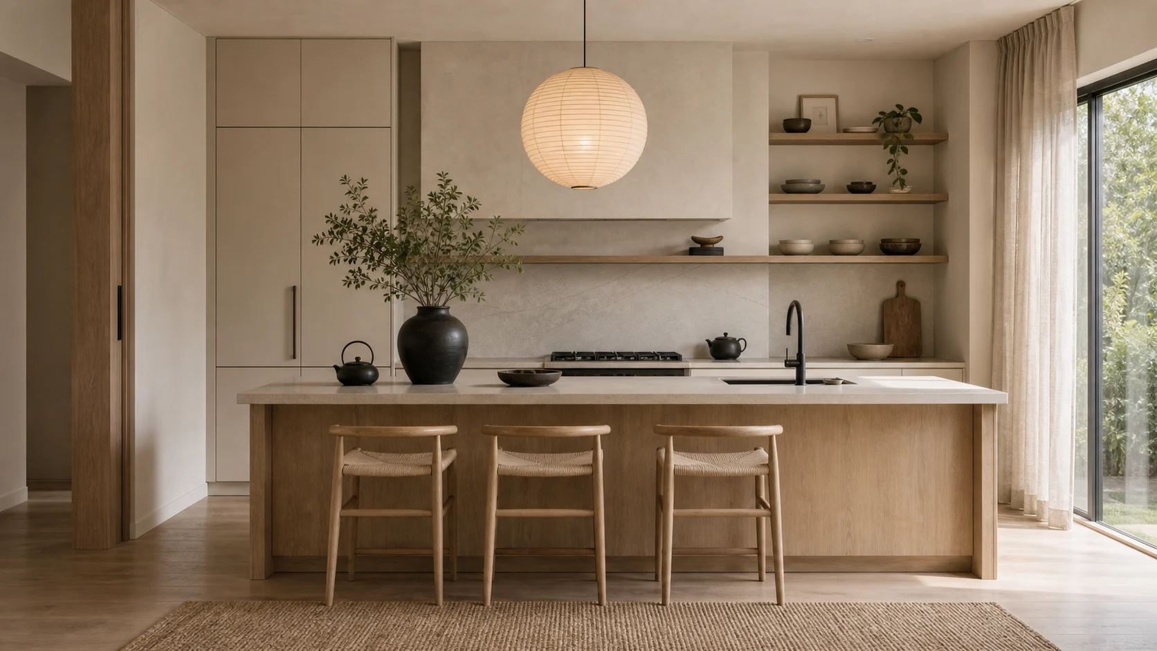 Black ceramic accent in a Japandi kitchen